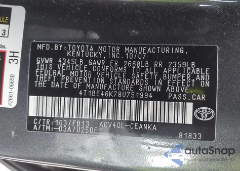 2008 Toyota Camry Le из США, поврежденный, VIN 4T1BE46K78U751994